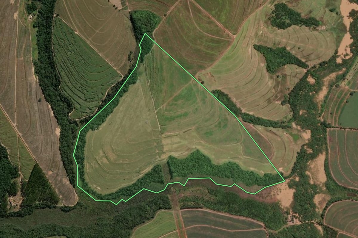 Imagem de satélite do imóvel rural em Santa Cruz da Conceição (SP), com o contorno declarado no CAR desenhado por cima.
