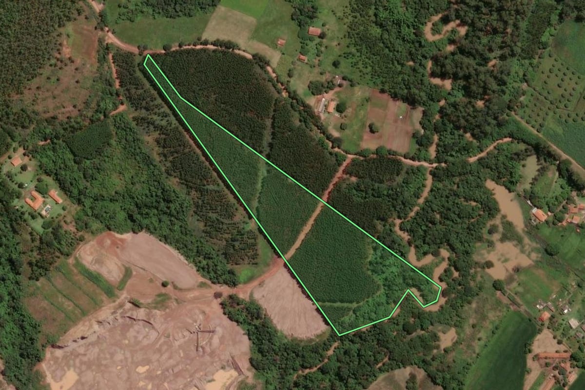 Imagem de satélite do imóvel rural em Santa Cruz da Conceição (SP), com o contorno declarado no CAR desenhado por cima.
