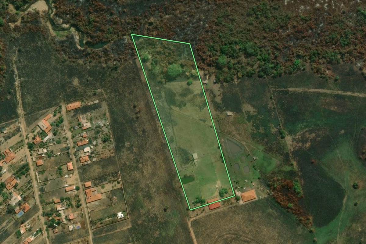Imagem de satélite do imóvel rural em Santa Cruz da Esperança (SP), com o contorno declarado no CAR desenhado por cima.