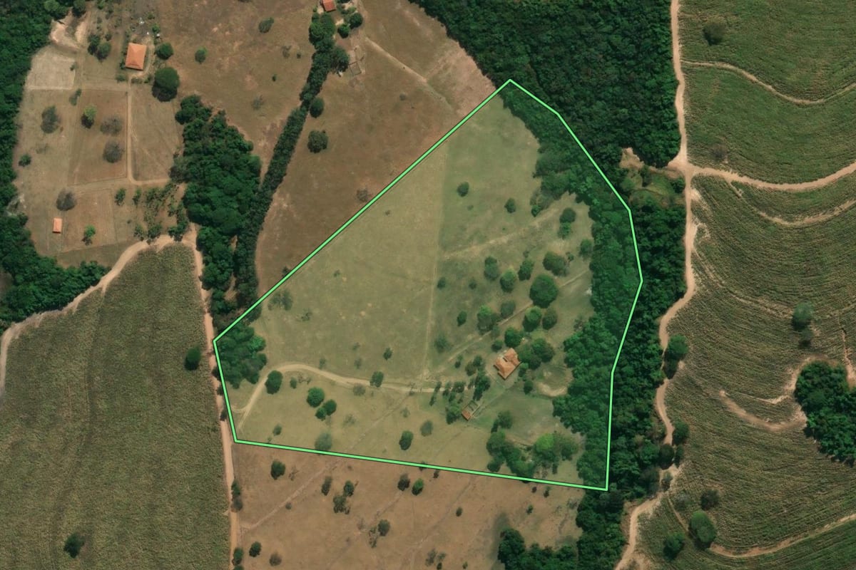 Imagem de satélite do imóvel rural em Santa Cruz da Esperança (SP), com o contorno declarado no CAR desenhado por cima.