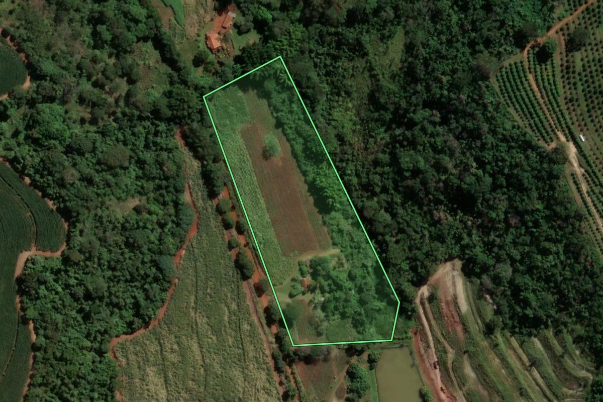 Imagem de satélite do imóvel rural em Santa Cruz das Palmeiras (SP), com o contorno declarado no CAR desenhado por cima.