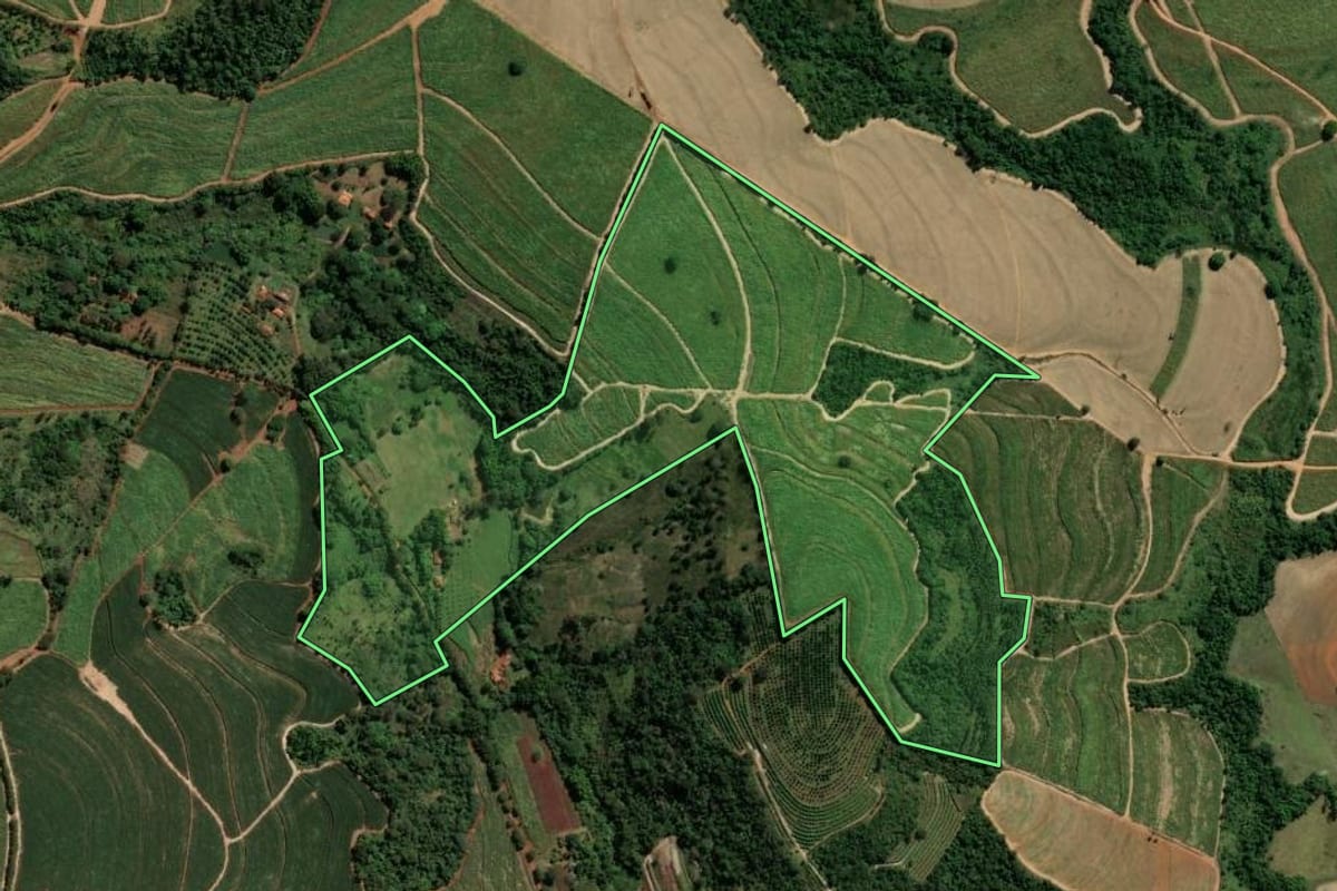 Imagem de satélite do imóvel rural em Santa Cruz das Palmeiras (SP), com o contorno declarado no CAR desenhado por cima.