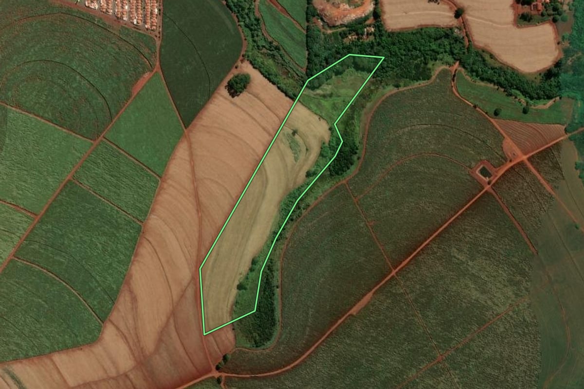 Imagem de satélite do imóvel rural em Santa Cruz das Palmeiras (SP), com o contorno declarado no CAR desenhado por cima.