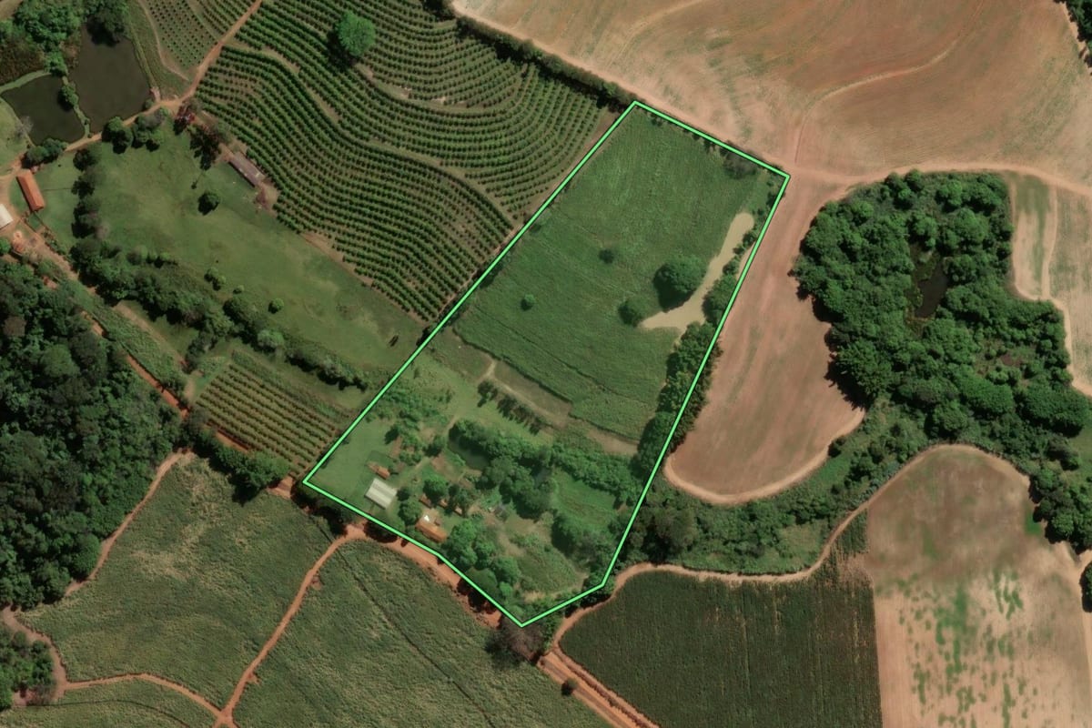 Imagem de satélite do imóvel rural em Santa Cruz das Palmeiras (SP), com o contorno declarado no CAR desenhado por cima.
