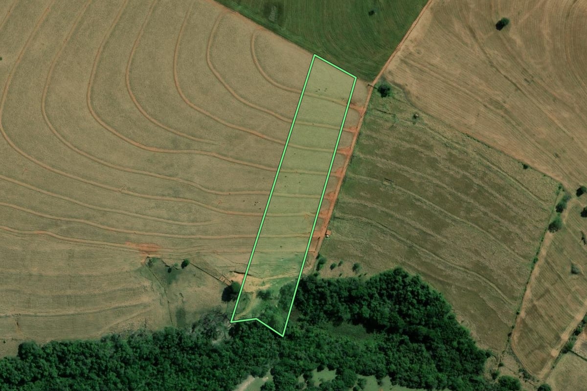 Imagem de satélite do imóvel rural em Santa Cruz do Rio Pardo (SP), com o contorno declarado no CAR desenhado por cima.