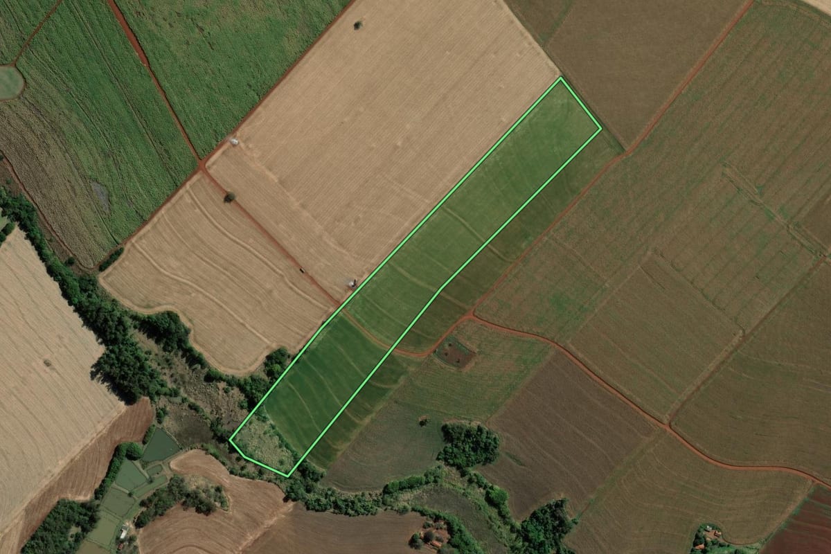 Imagem de satélite do imóvel rural em Santa Cruz do Rio Pardo (SP), com o contorno declarado no CAR desenhado por cima.