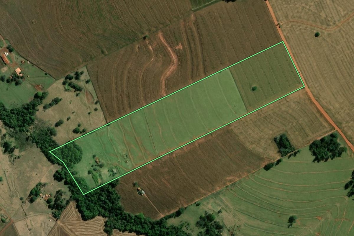 Imagem de satélite do imóvel rural em Santa Cruz do Rio Pardo (SP), com o contorno declarado no CAR desenhado por cima.