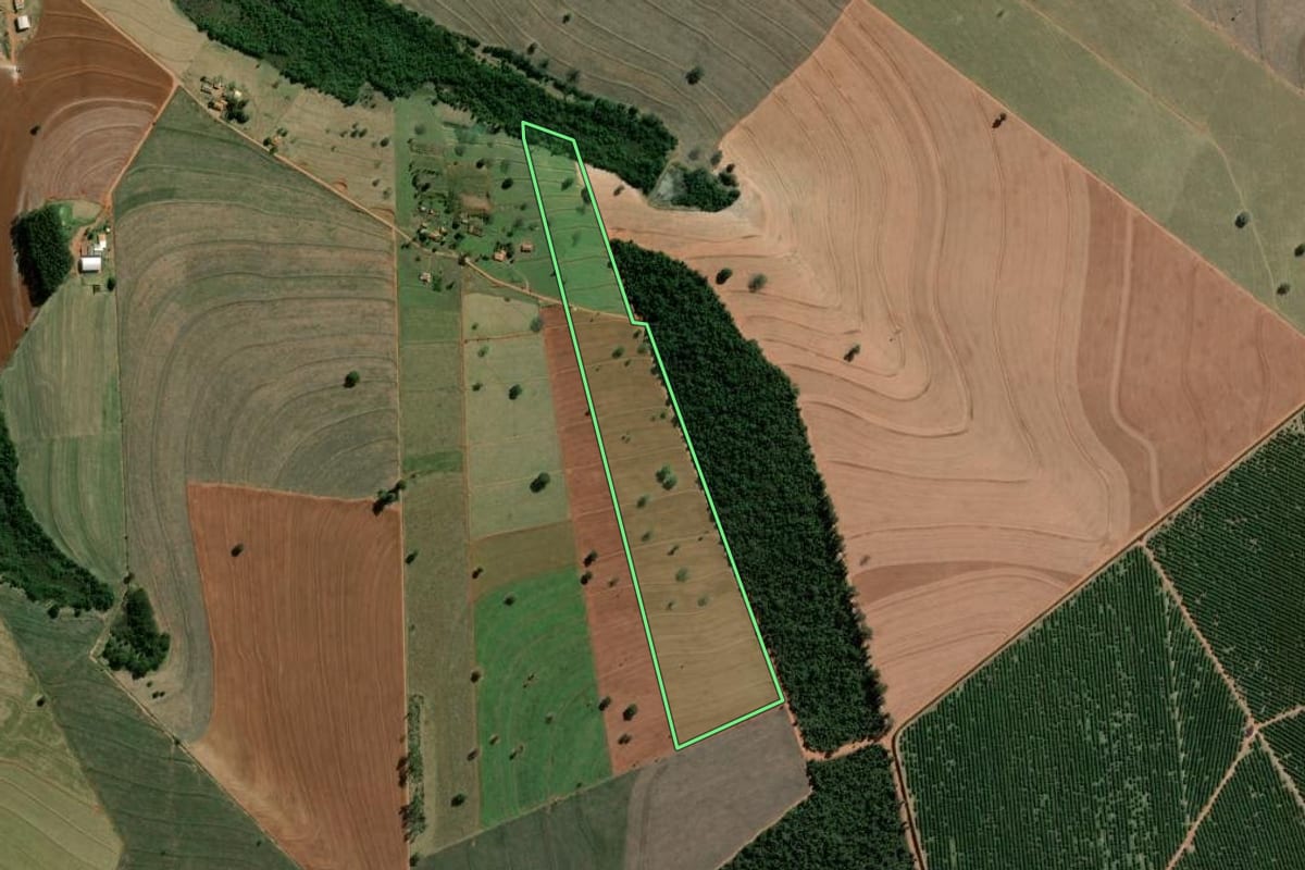 Imagem de satélite do imóvel rural em Santa Cruz do Rio Pardo (SP), com o contorno declarado no CAR desenhado por cima.