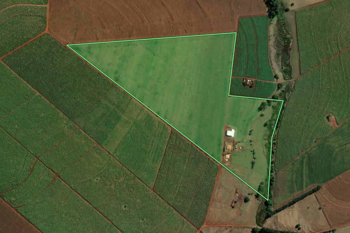 Imagem de satélite do imóvel rural em Santa Cruz do Rio Pardo (SP), com o contorno declarado no CAR desenhado por cima.