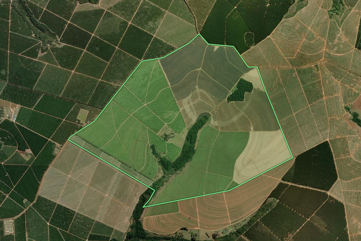 Imagem de satélite do imóvel rural em Santa Cruz do Rio Pardo (SP), com o contorno declarado no CAR desenhado por cima.