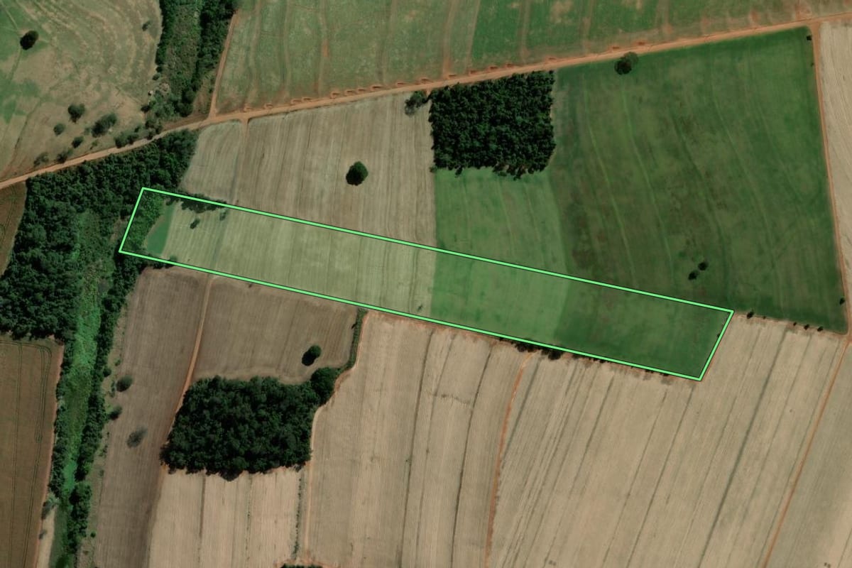 Imagem de satélite do imóvel rural em Santa Cruz do Rio Pardo (SP), com o contorno declarado no CAR desenhado por cima.