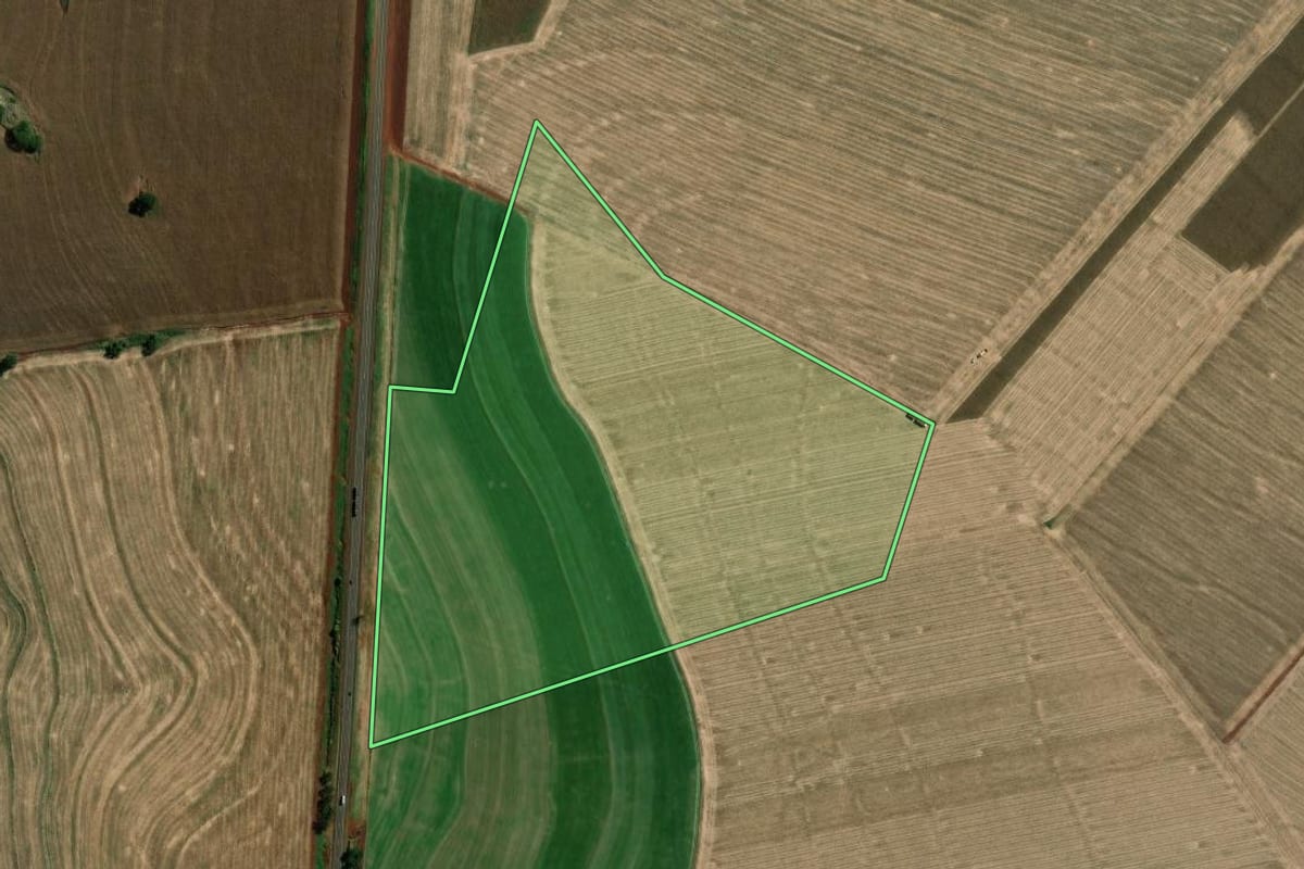 Imagem de satélite do imóvel rural em Santa Cruz do Rio Pardo (SP), com o contorno declarado no CAR desenhado por cima.