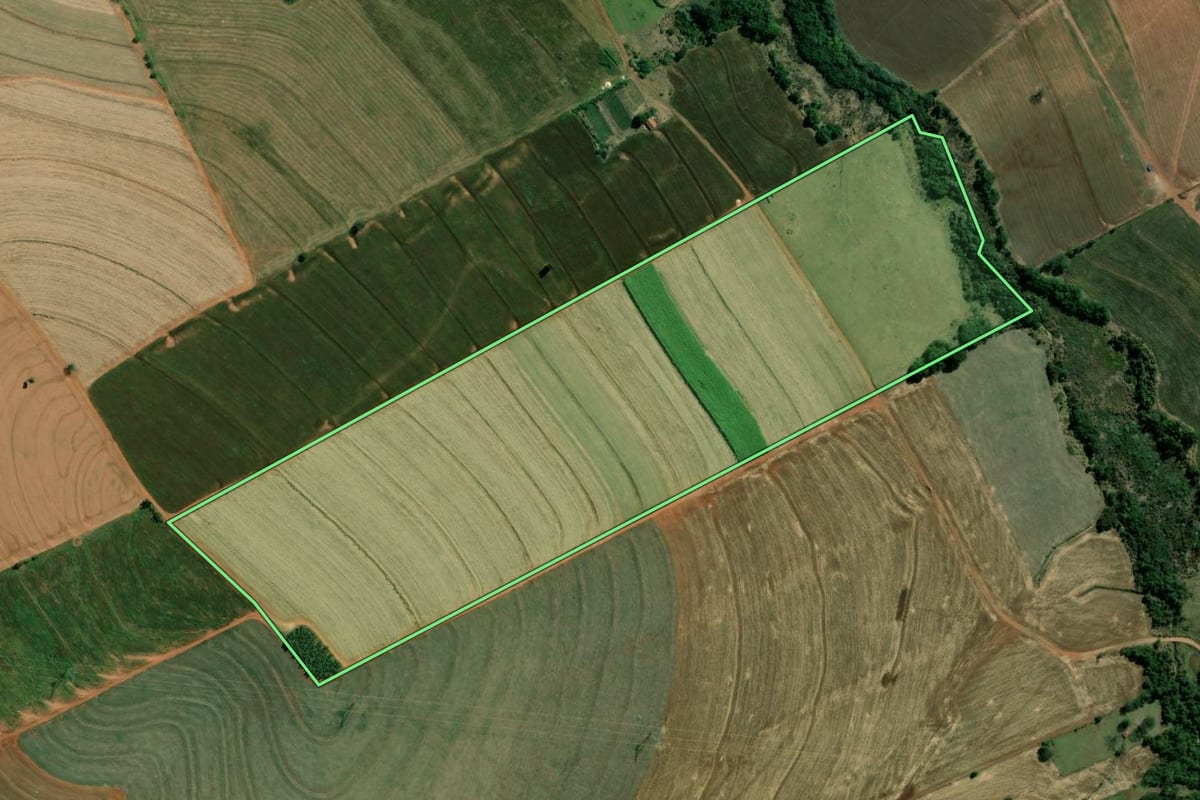 Imagem de satélite do imóvel rural em Santa Cruz do Rio Pardo (SP), com o contorno declarado no CAR desenhado por cima.