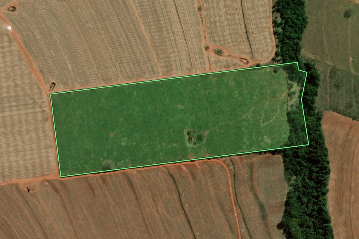 Imagem de satélite do imóvel rural em Santa Cruz do Rio Pardo (SP), com o contorno declarado no CAR desenhado por cima.