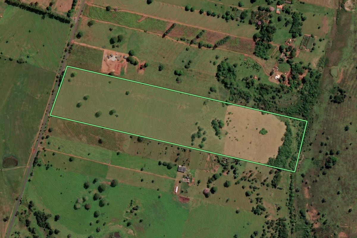 Imagem de satélite do imóvel rural em Santa Fé do Sul (SP), com o contorno declarado no CAR desenhado por cima.