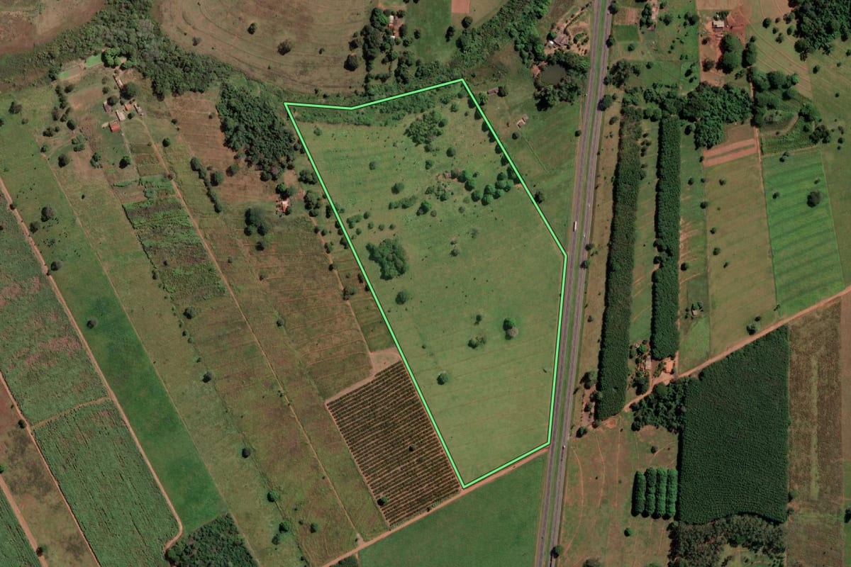 Imagem de satélite do imóvel rural em Santa Fé do Sul (SP), com o contorno declarado no CAR desenhado por cima.
