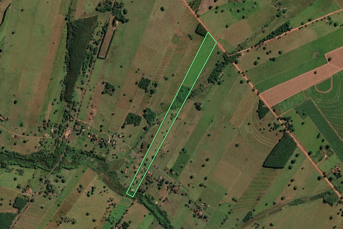 Imagem de satélite do imóvel rural em Santa Fé do Sul (SP), com o contorno declarado no CAR desenhado por cima.