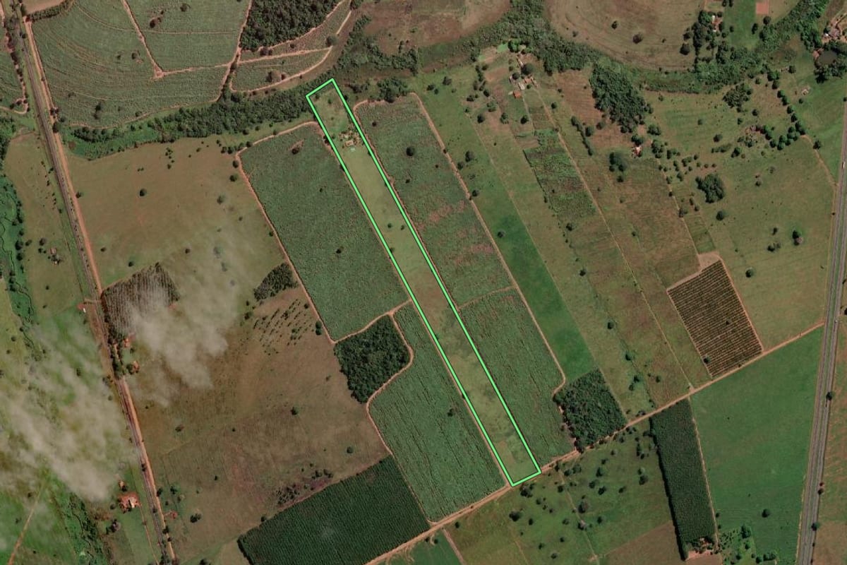 Imagem de satélite do imóvel rural em Santa Fé do Sul (SP), com o contorno declarado no CAR desenhado por cima.