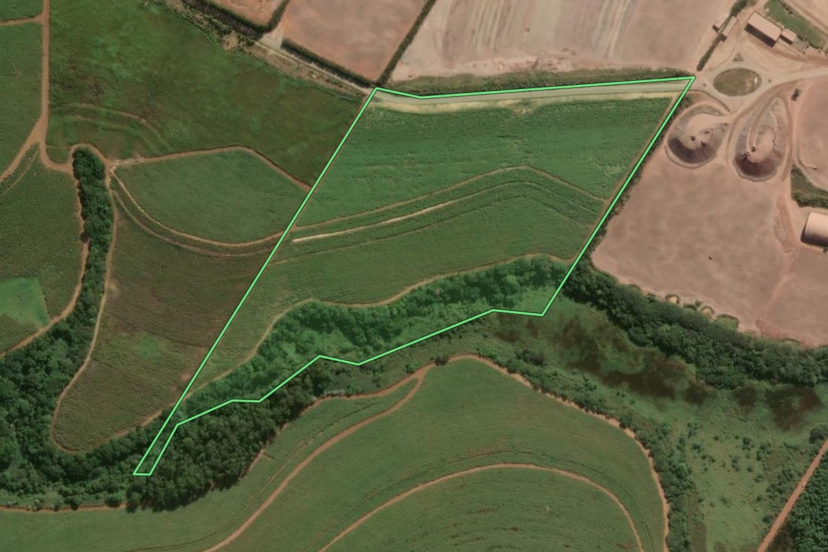 Imagem de satélite do imóvel rural em Santa Gertrudes (SP), com o contorno declarado no CAR desenhado por cima.