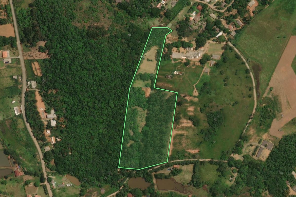 Imagem de satélite do imóvel rural em Santa Isabel (SP), com o contorno declarado no CAR desenhado por cima.