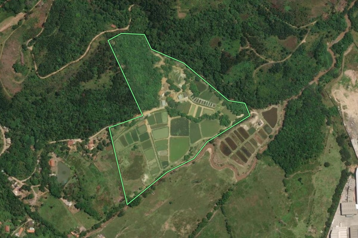 Imagem de satélite do imóvel rural em Santa Isabel (SP), com o contorno declarado no CAR desenhado por cima.