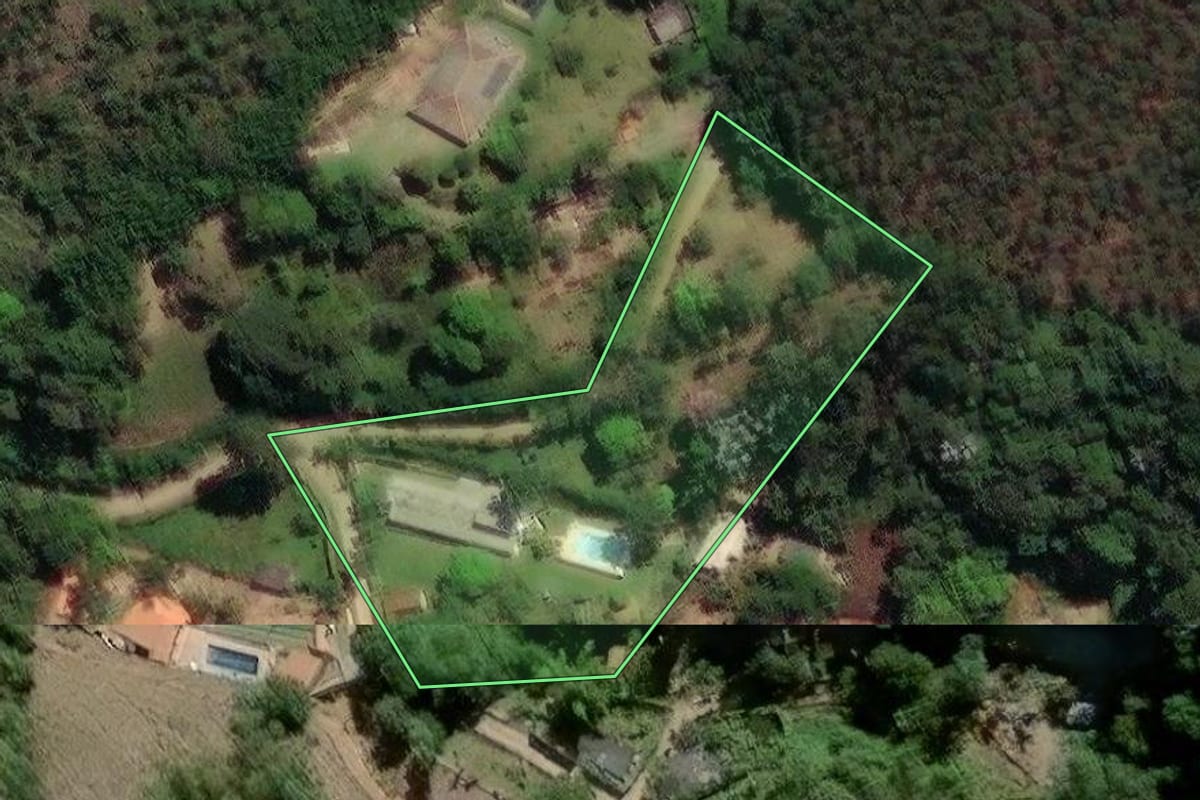 Imagem de satélite do imóvel rural em Santa Isabel (SP), com o contorno declarado no CAR desenhado por cima.