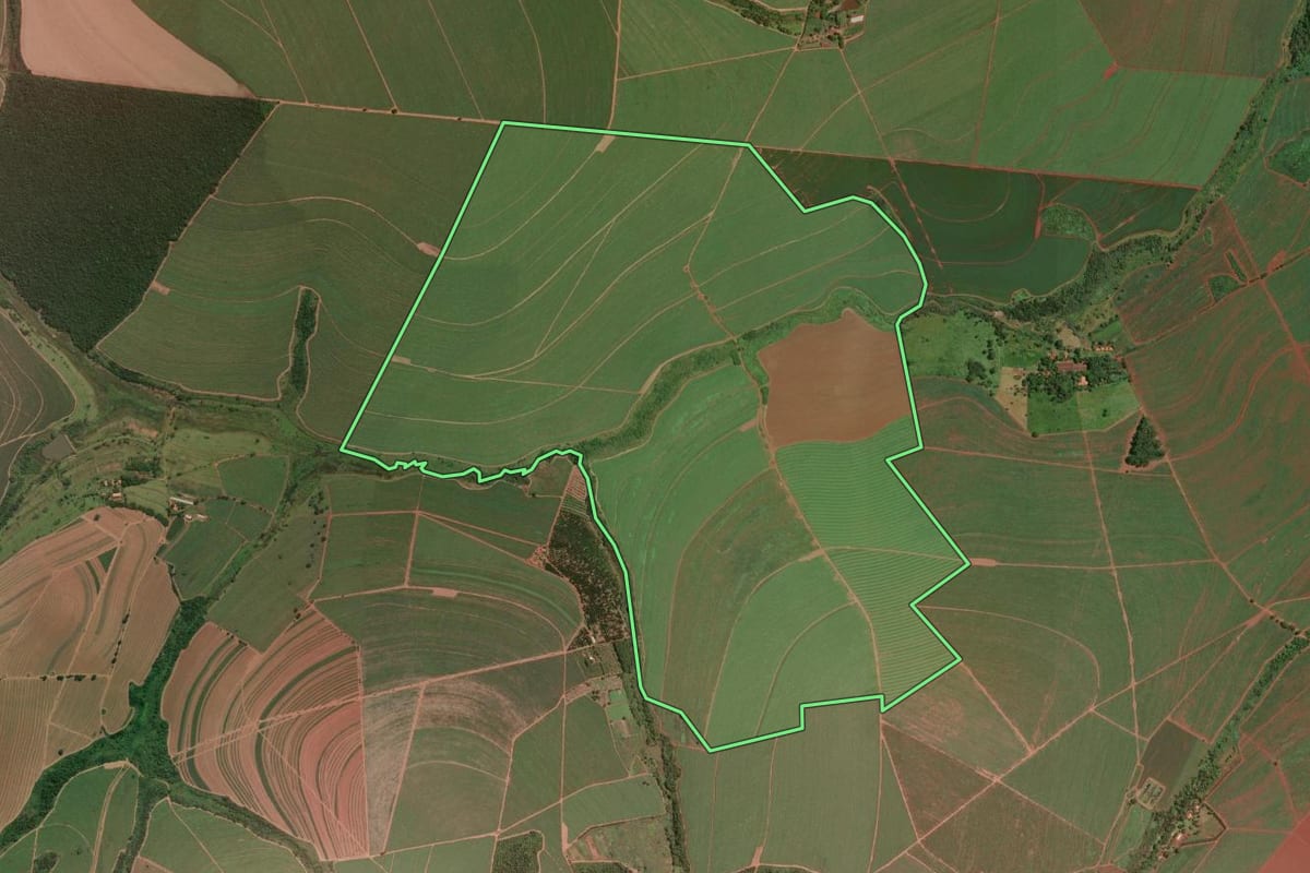 Imagem de satélite do imóvel rural em Santa Lúcia (SP), com o contorno declarado no CAR desenhado por cima.