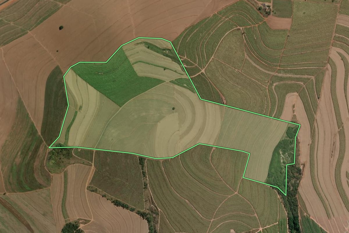 Imagem de satélite do imóvel rural em Santa Maria da Serra (SP), com o contorno declarado no CAR desenhado por cima.