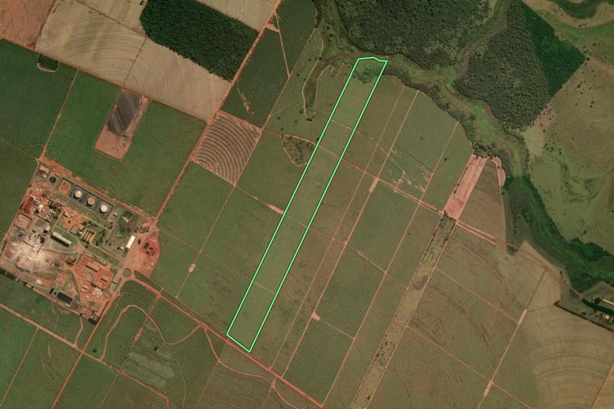 Imagem de satélite do imóvel rural em Santa Mercedes (SP), com o contorno declarado no CAR desenhado por cima.