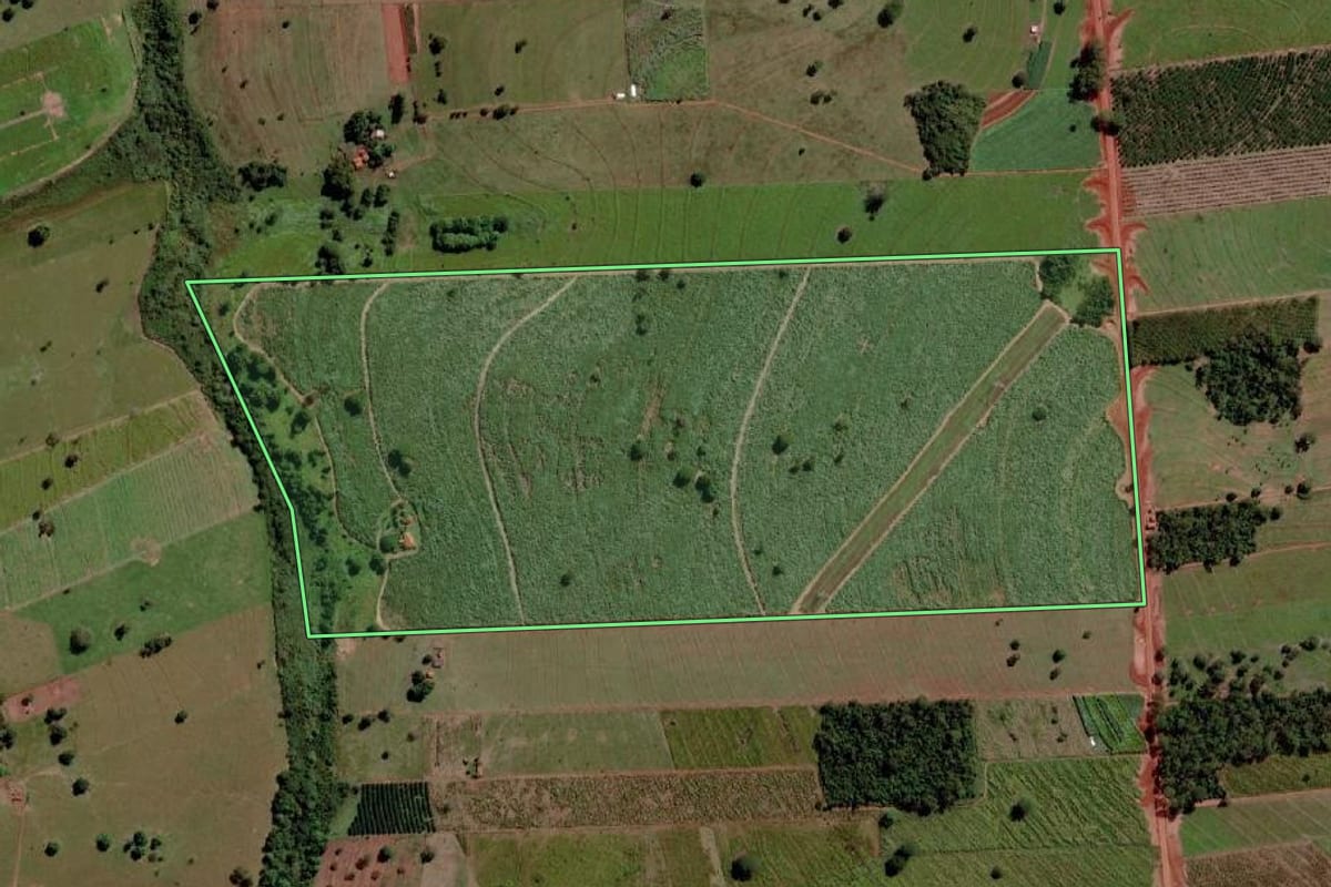 Imagem de satélite do imóvel rural em Santana da Ponte Pensa (SP), com o contorno declarado no CAR desenhado por cima.