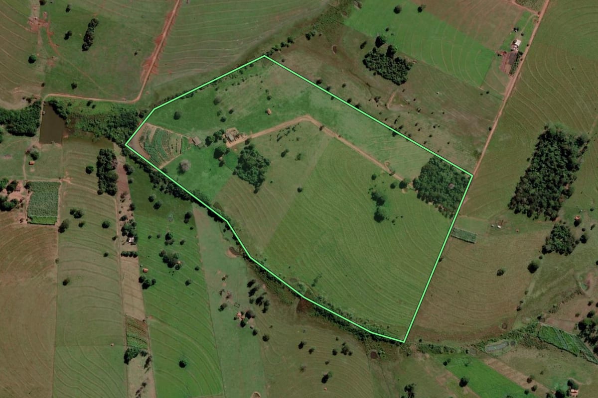 Imagem de satélite do imóvel rural em Santana da Ponte Pensa (SP), com o contorno declarado no CAR desenhado por cima.