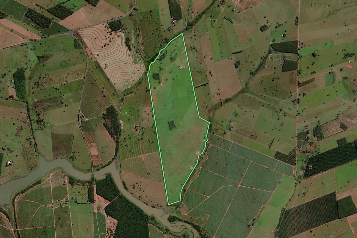 Imagem de satélite do imóvel rural em Santana da Ponte Pensa (SP), com o contorno declarado no CAR desenhado por cima.