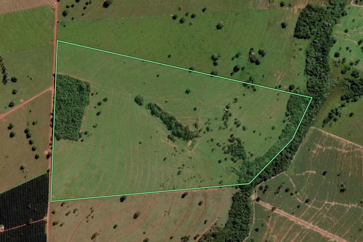Imagem de satélite do imóvel rural em Santana da Ponte Pensa (SP), com o contorno declarado no CAR desenhado por cima.
