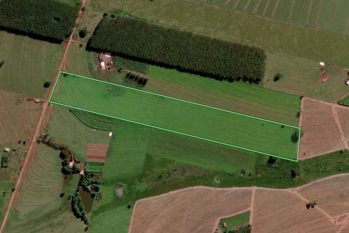 Imagem de satélite do imóvel rural em Santana da Ponte Pensa (SP), com o contorno declarado no CAR desenhado por cima.