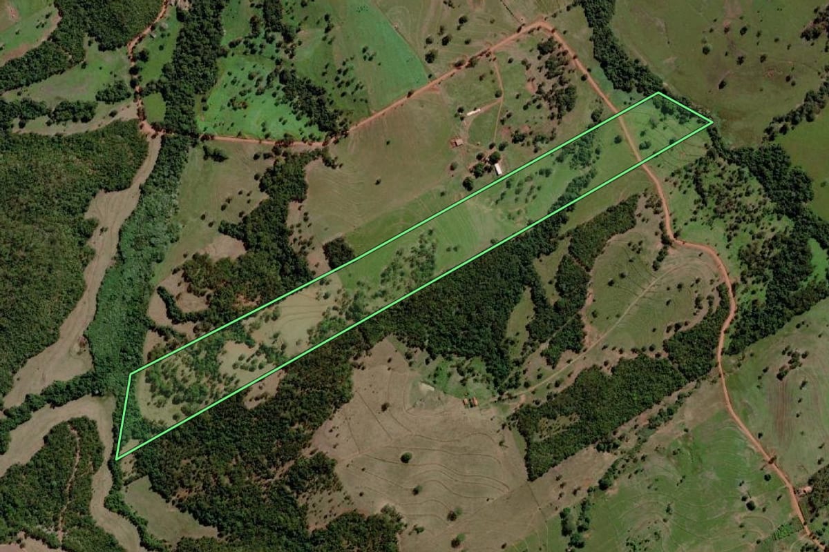 Imagem de satélite do imóvel rural em Santa Rita d'Oeste (SP), com o contorno declarado no CAR desenhado por cima.