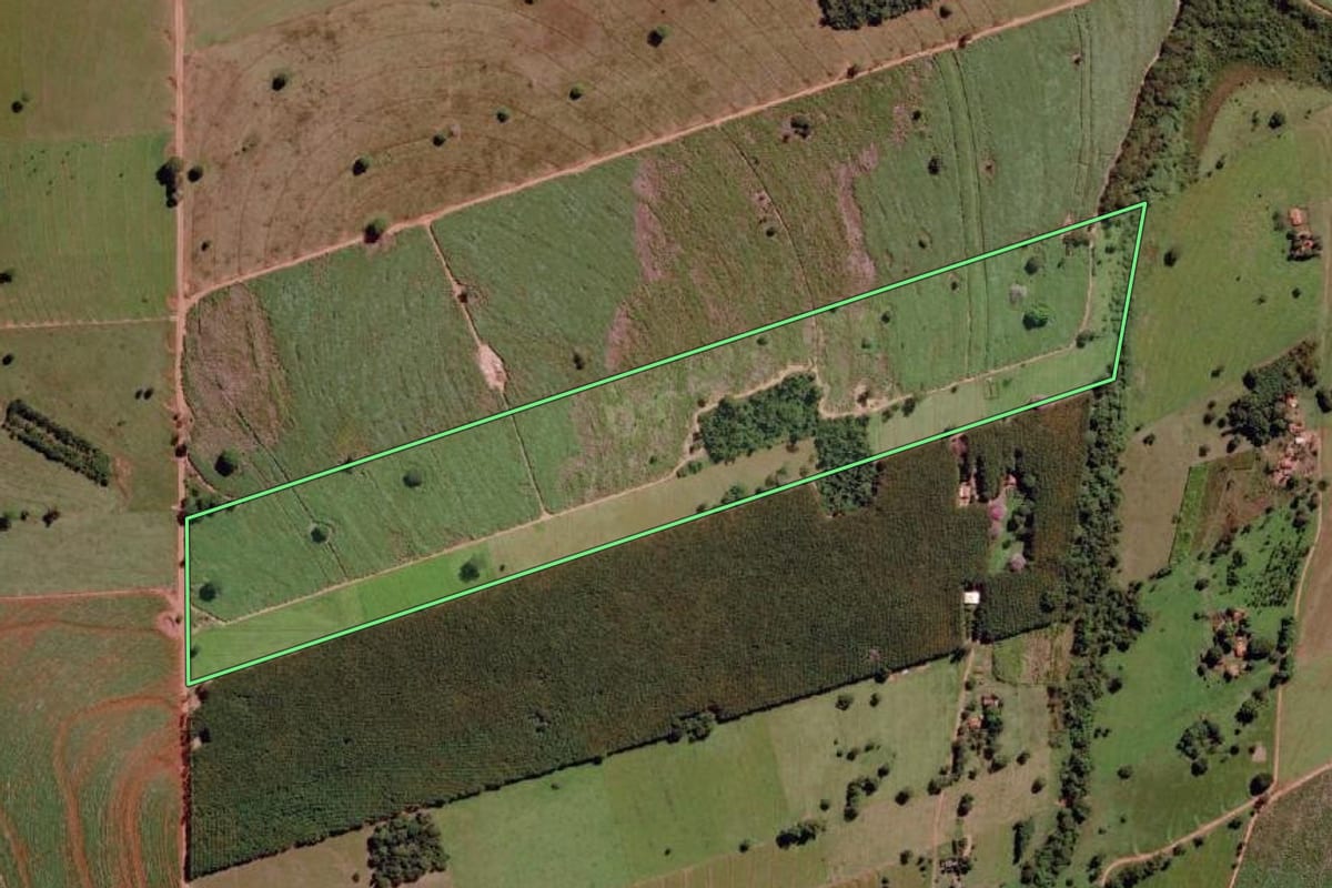 Imagem de satélite do imóvel rural em Santa Rita d'Oeste (SP), com o contorno declarado no CAR desenhado por cima.