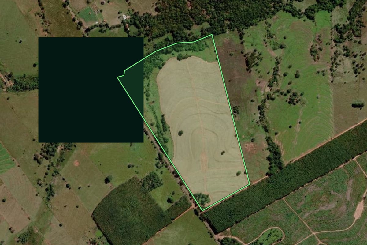 Imagem de satélite do imóvel rural em Santa Rita d'Oeste (SP), com o contorno declarado no CAR desenhado por cima.