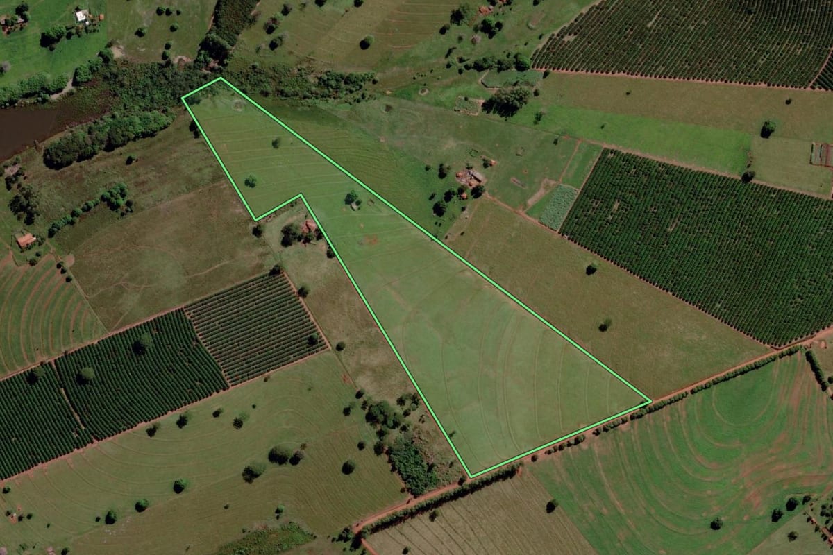 Imagem de satélite do imóvel rural em Santa Rita d'Oeste (SP), com o contorno declarado no CAR desenhado por cima.