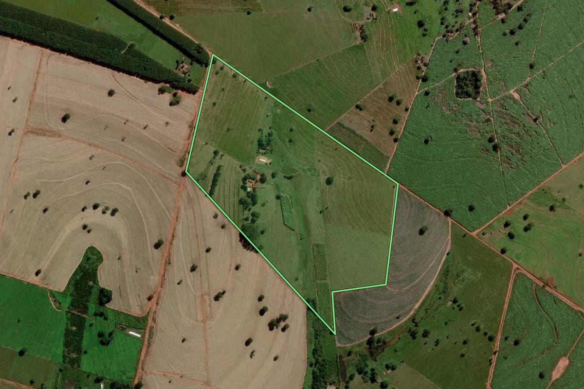 Imagem de satélite do imóvel rural em Santa Rita d'Oeste (SP), com o contorno declarado no CAR desenhado por cima.