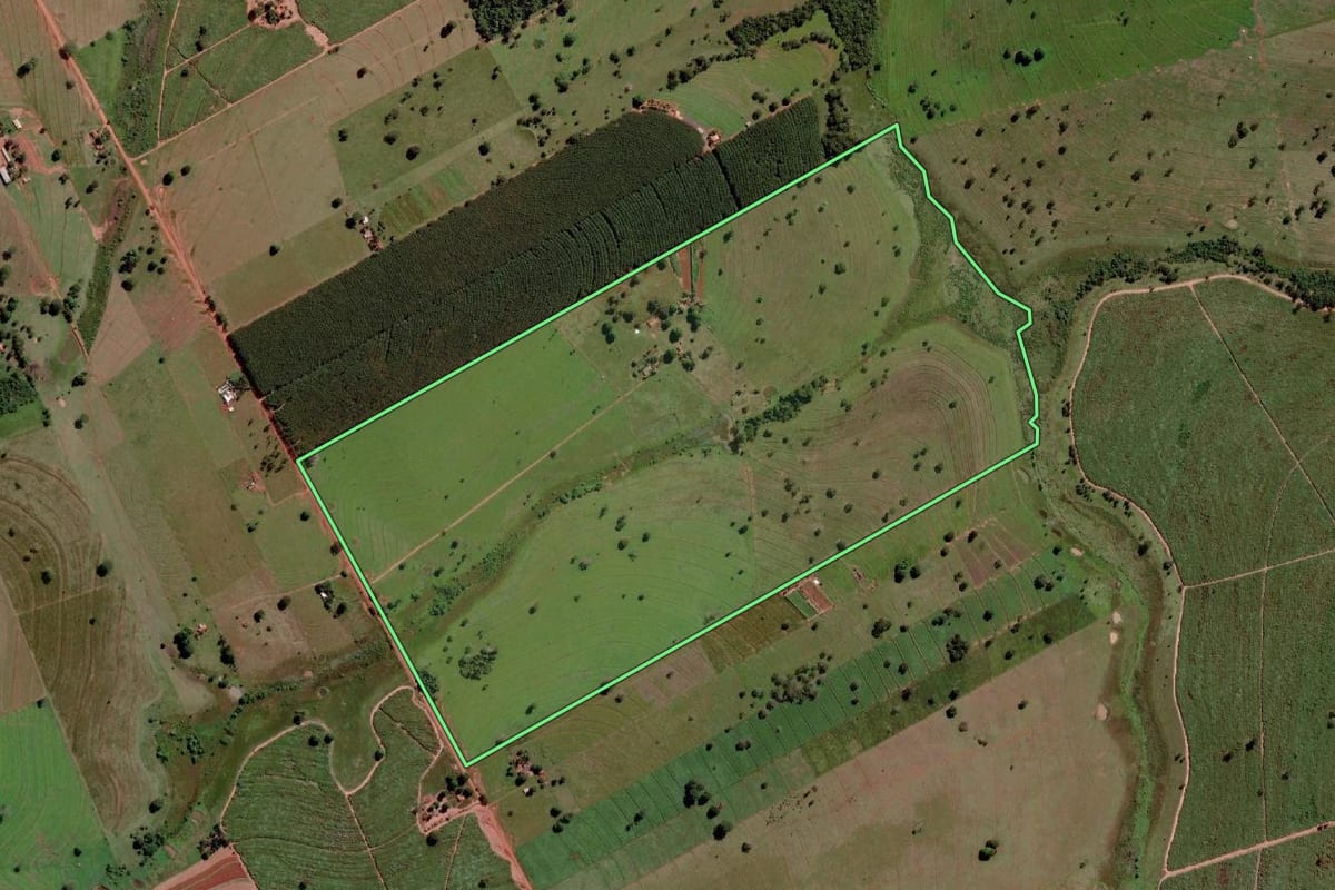 Imagem de satélite do imóvel rural em Santa Rita d'Oeste (SP), com o contorno declarado no CAR desenhado por cima.