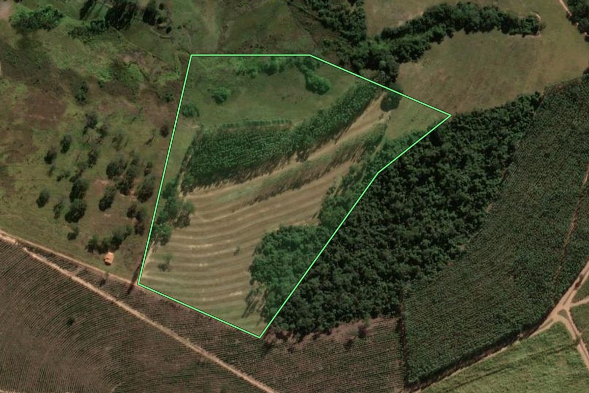 Imagem de satélite do imóvel rural em Santa Rita do Passa Quatro (SP), com o contorno declarado no CAR desenhado por cima.