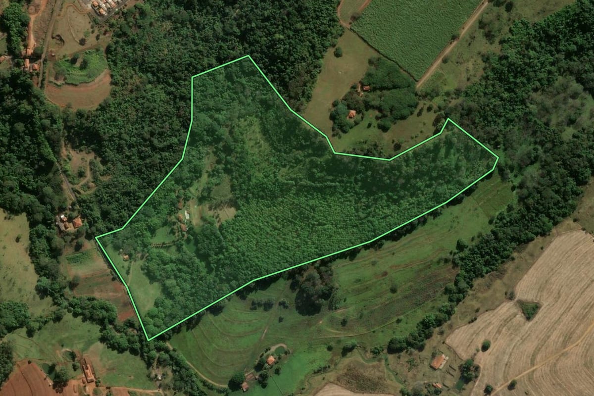 Imagem de satélite do imóvel rural em Santa Rita do Passa Quatro (SP), com o contorno declarado no CAR desenhado por cima.
