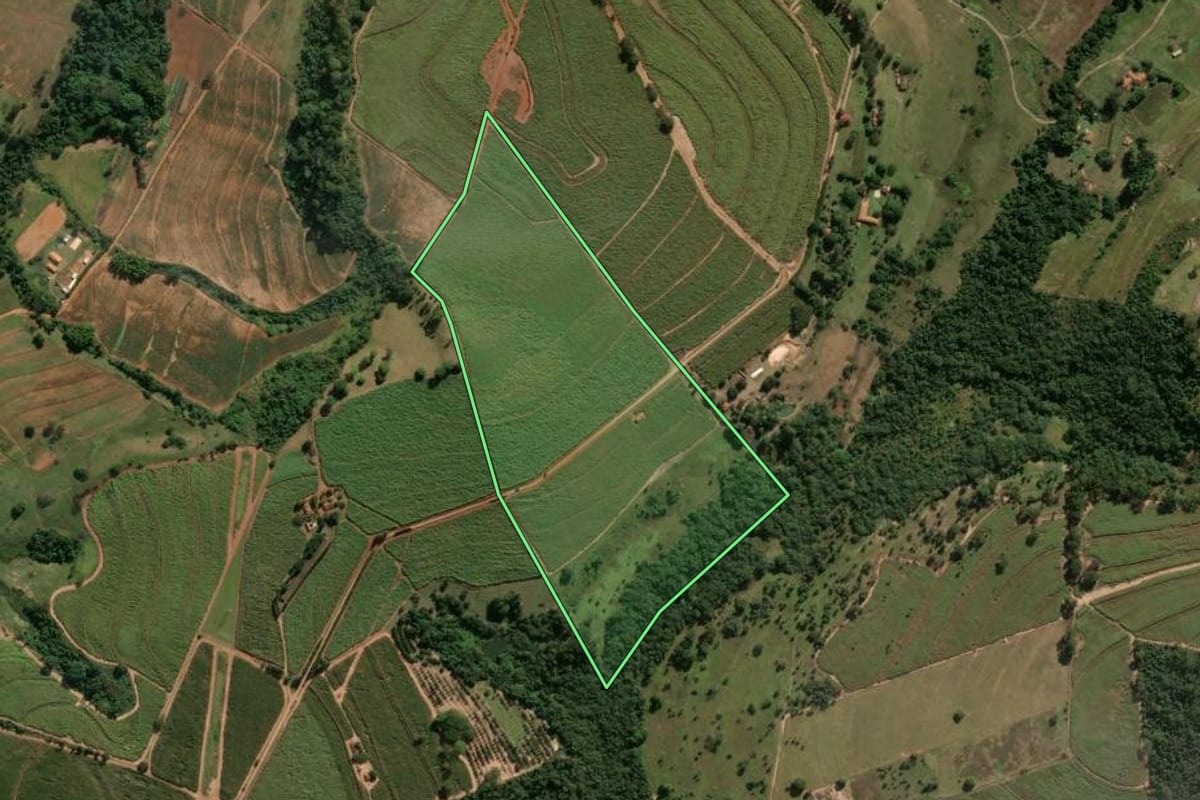 Imagem de satélite do imóvel rural em Santa Rita do Passa Quatro (SP), com o contorno declarado no CAR desenhado por cima.
