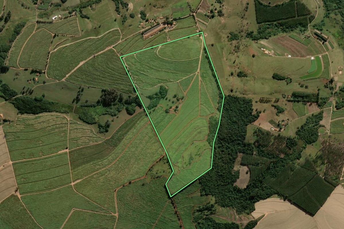 Imagem de satélite do imóvel rural em Santa Rita do Passa Quatro (SP), com o contorno declarado no CAR desenhado por cima.
