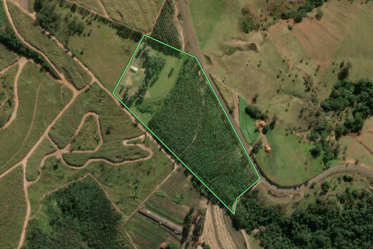 Imagem de satélite do imóvel rural em Santa Rita do Passa Quatro (SP), com o contorno declarado no CAR desenhado por cima.