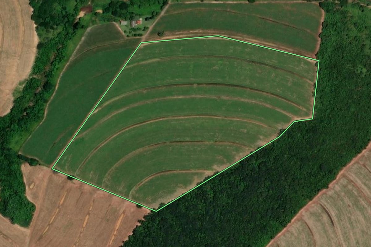 Imagem de satélite do imóvel rural em Santa Rita do Passa Quatro (SP), com o contorno declarado no CAR desenhado por cima.