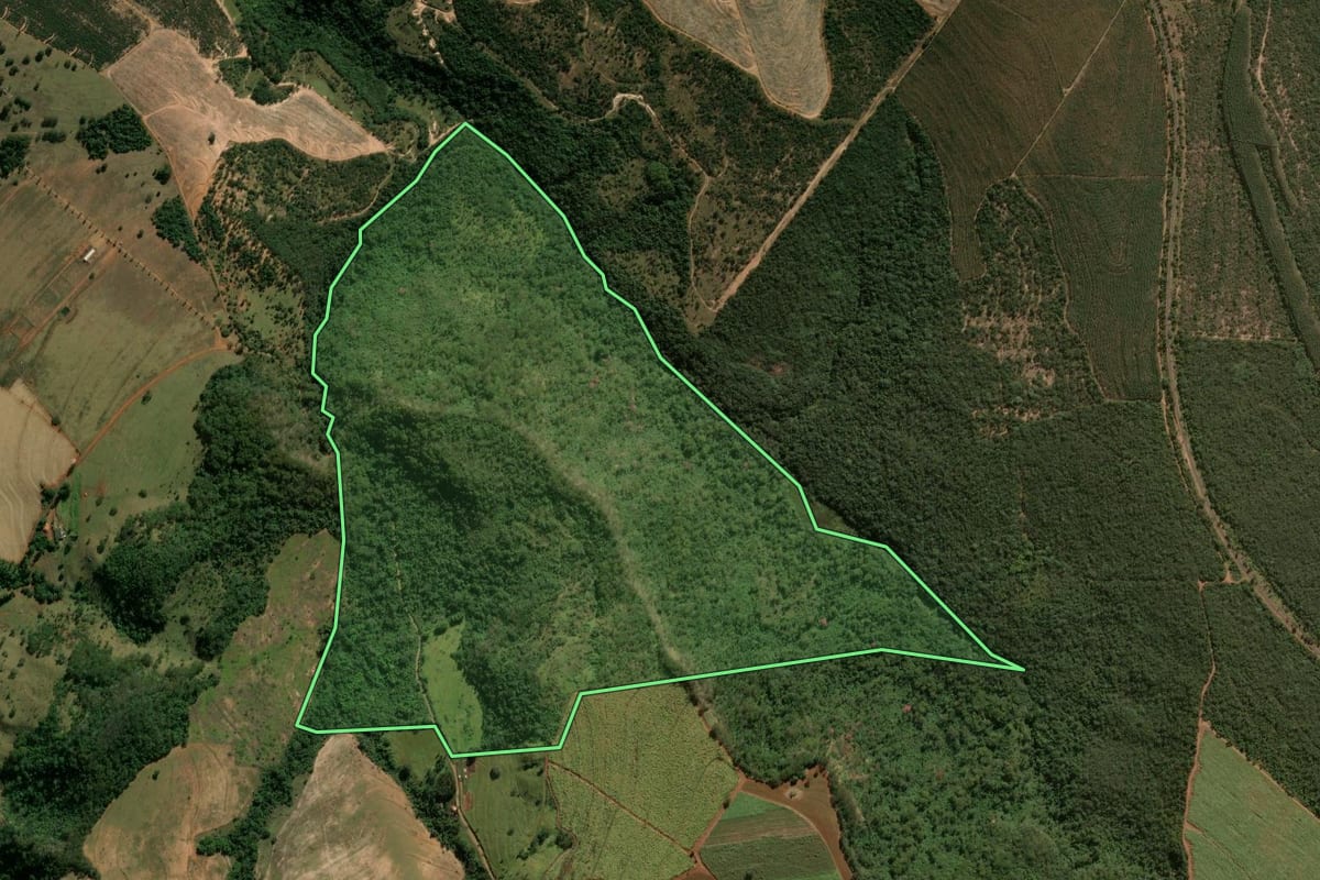 Imagem de satélite do imóvel rural em Santa Rita do Passa Quatro (SP), com o contorno declarado no CAR desenhado por cima.