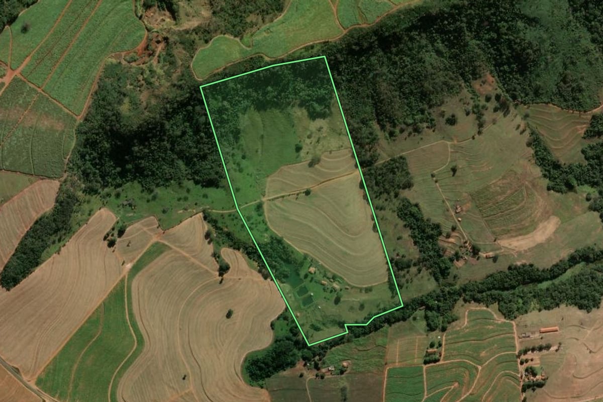 Imagem de satélite do imóvel rural em Santa Rita do Passa Quatro (SP), com o contorno declarado no CAR desenhado por cima.