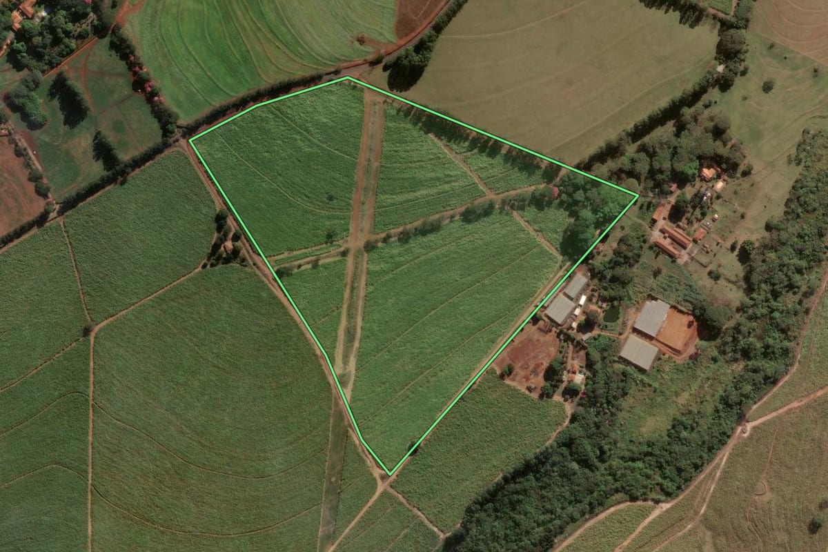 Imagem de satélite do imóvel rural em Santa Rita do Passa Quatro (SP), com o contorno declarado no CAR desenhado por cima.