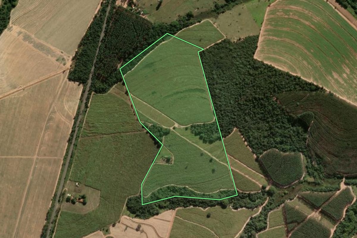 Imagem de satélite do imóvel rural em Santa Rosa de Viterbo (SP), com o contorno declarado no CAR desenhado por cima.